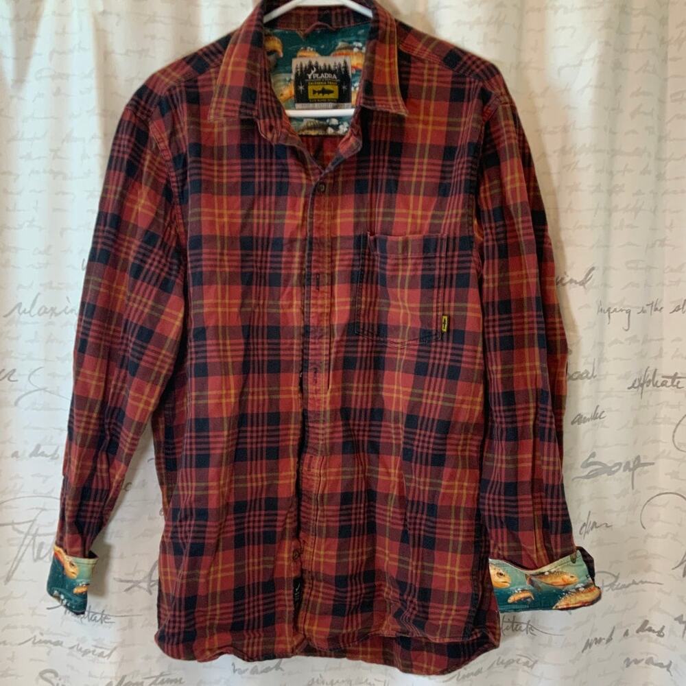 Pladra Flannel Shirt Mens Large L Red Plaid California Trout Fish Lining USA